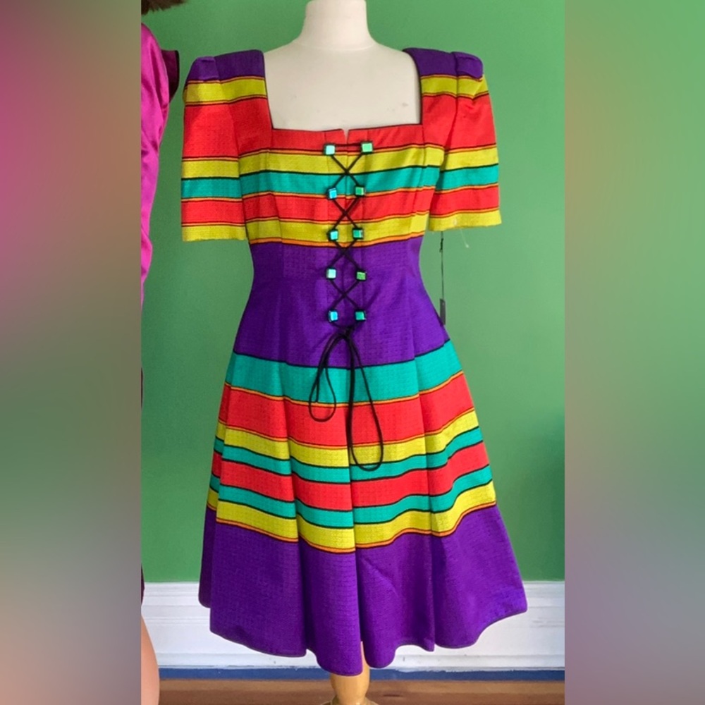 New Vintage 90s Patricia Rhodes silk multicolor striped dress festive couture